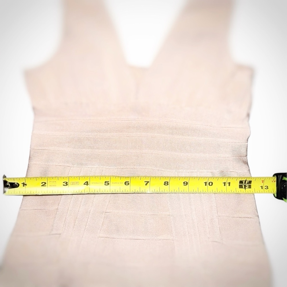 Sexy Stretch Beige Cream Heavy Bandage Mini Dress Plunge Neck Club Size Large - Picture 7 of 10